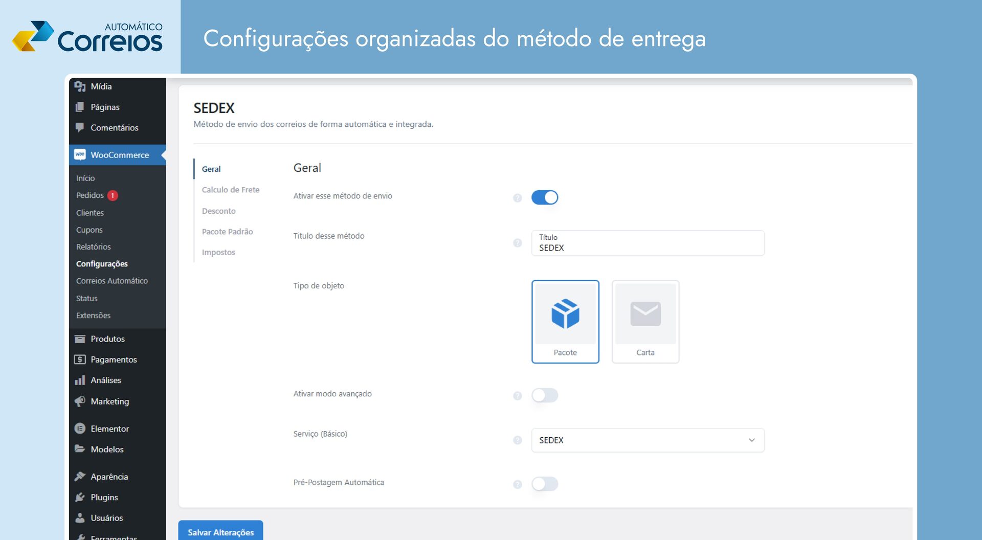 Correios Automático — configurações do método de envio SEDEX