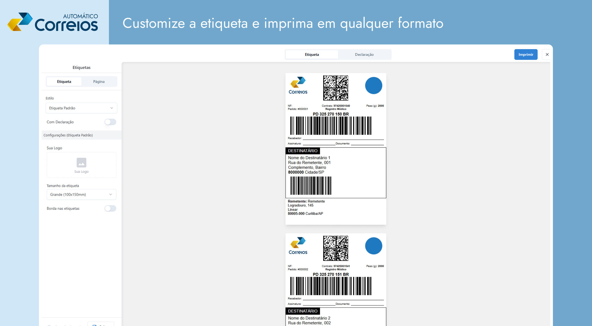 Correios Automático — editor de etiquetas com logo, tamanho e declaração