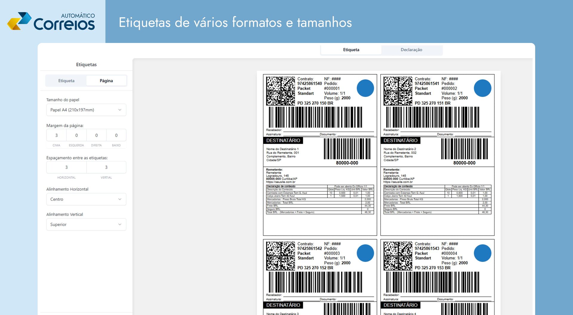 Correios Automático — etiquetas com declaração em página A4