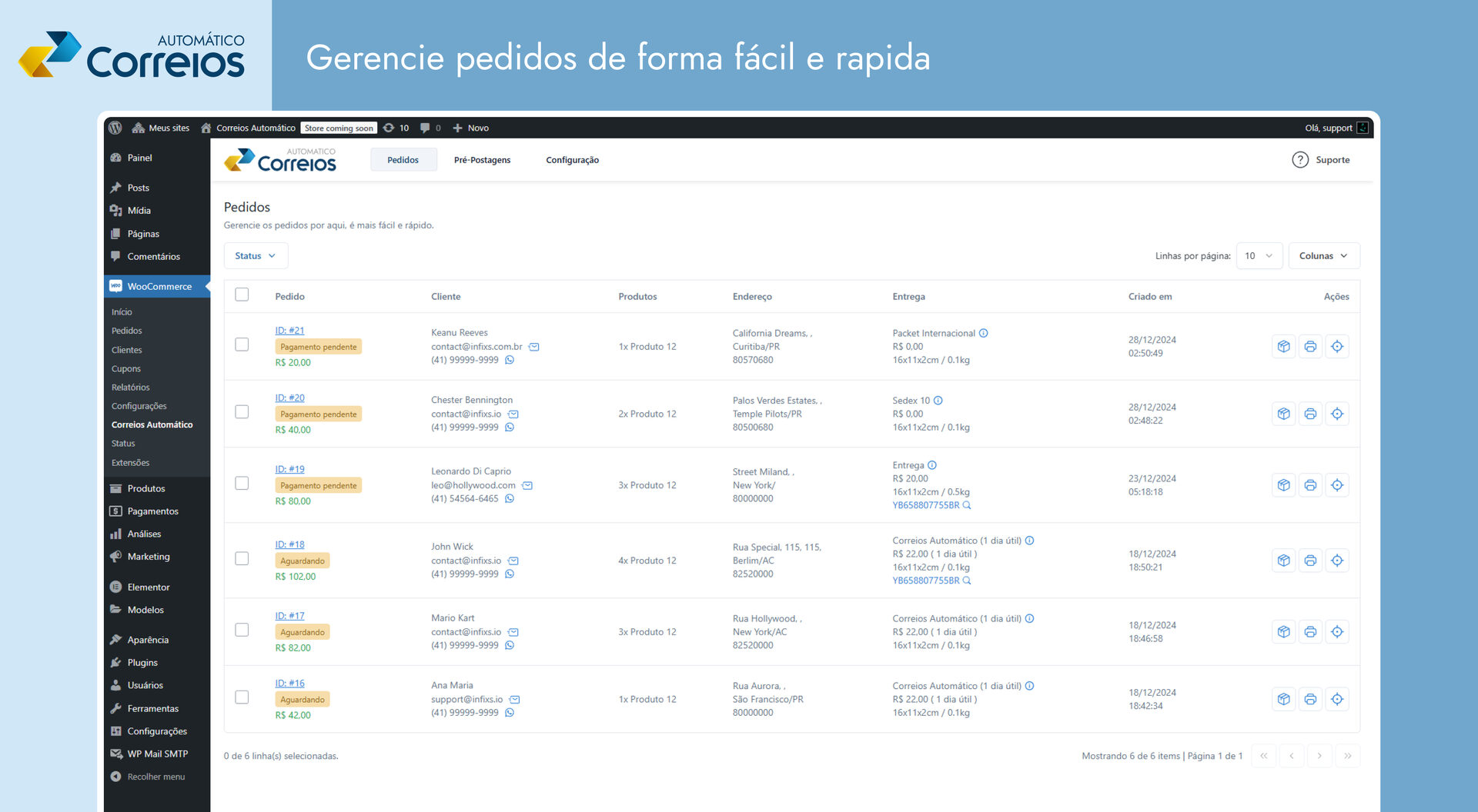 Correios Automático — painel de pedidos com status, frete e código de rastreio