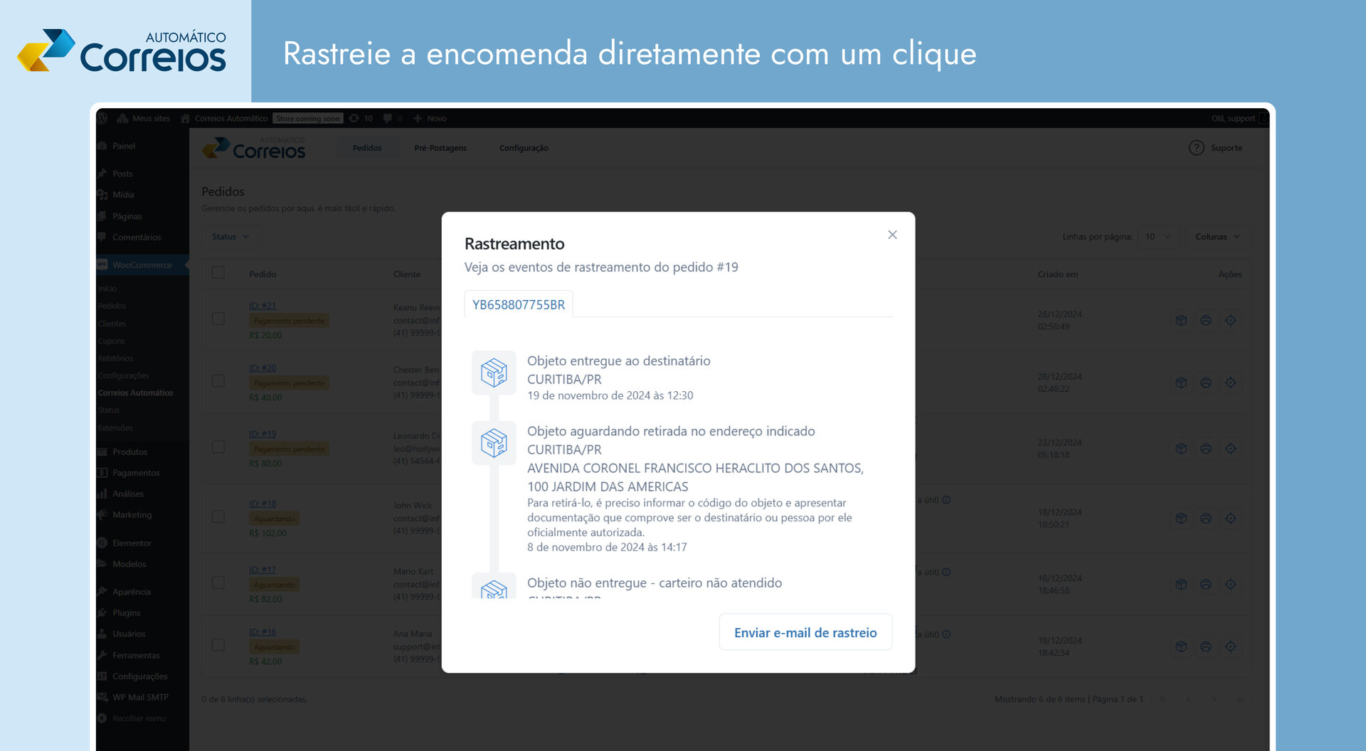 Correios Automático — eventos de rastreamento do pedido direto no painel