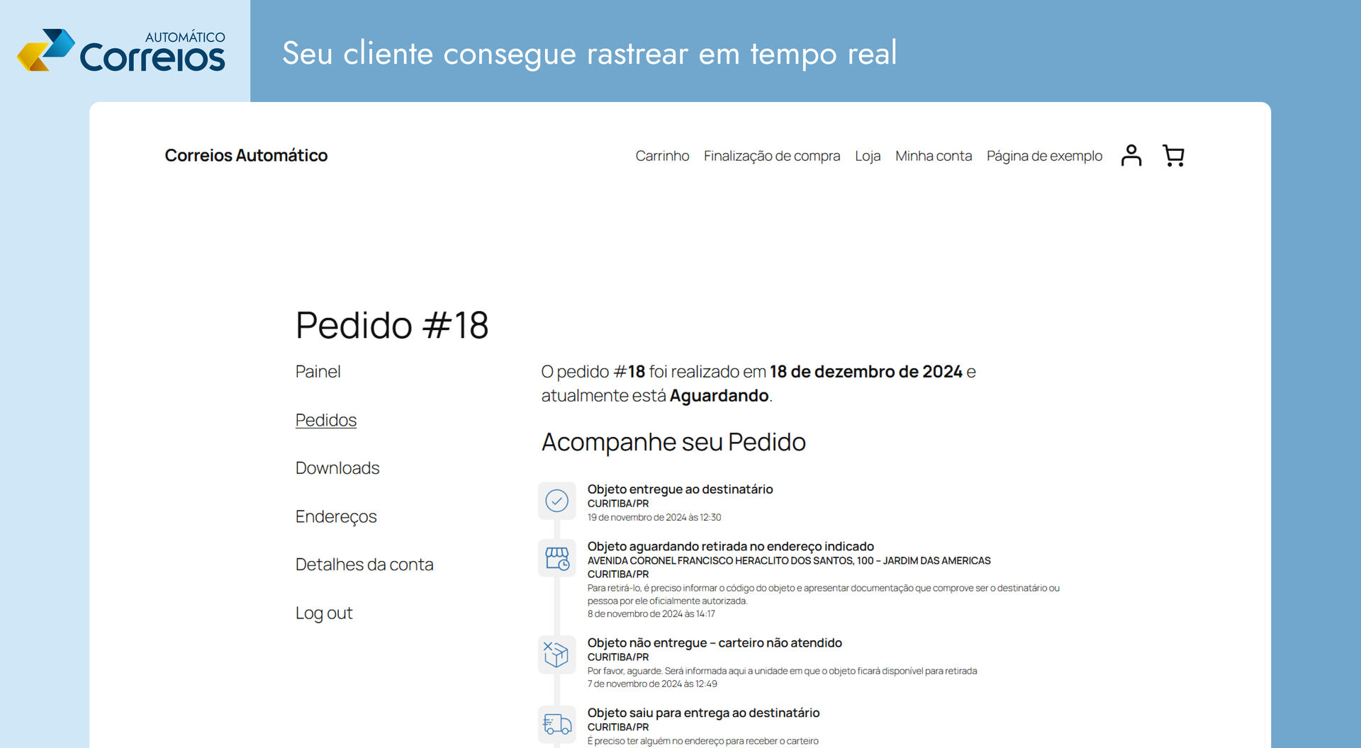 Correios Automático — acompanhamento do pedido na conta do cliente