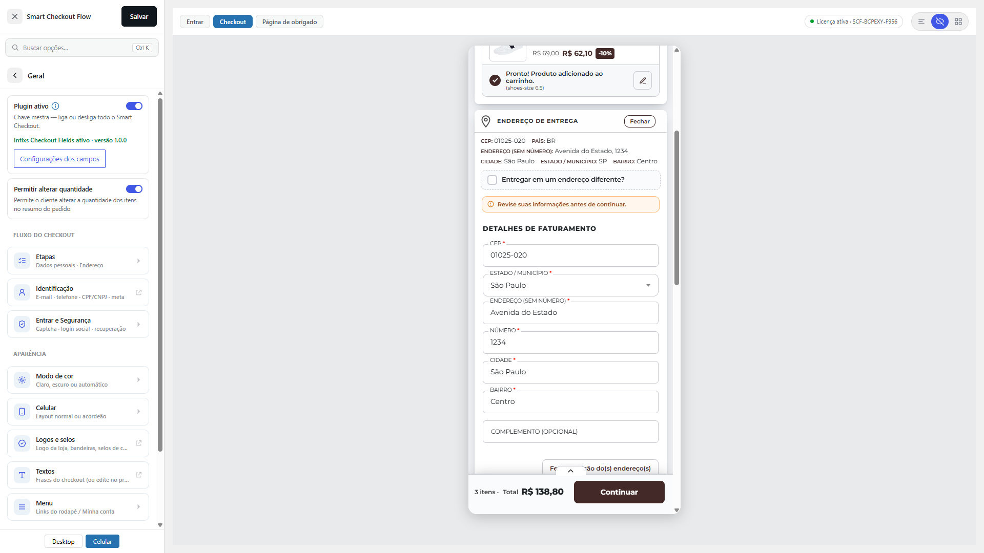 Smart Checkout Flow — endereço de entrega no celular