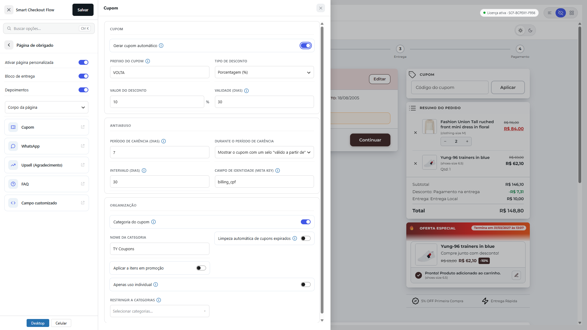 Smart Checkout Flow — cupom na página de obrigado