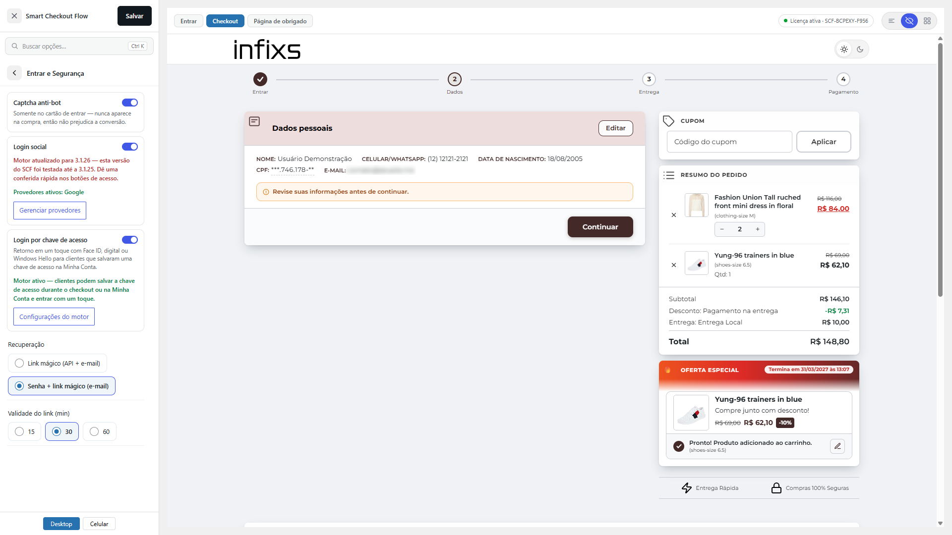Smart Checkout Flow — Entrar e Segurança: captcha anti-bot, login social e link mágico