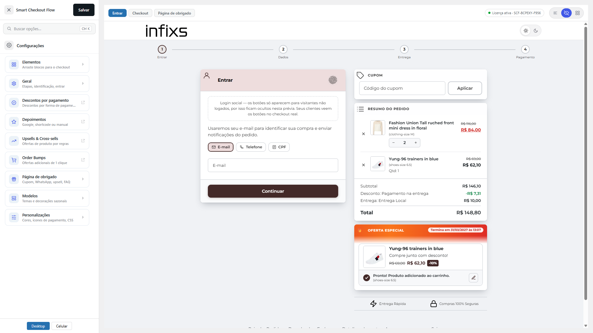 Smart Checkout Flow — etapa Entrar: identificação por e-mail, telefone, CPF ou CNPJ