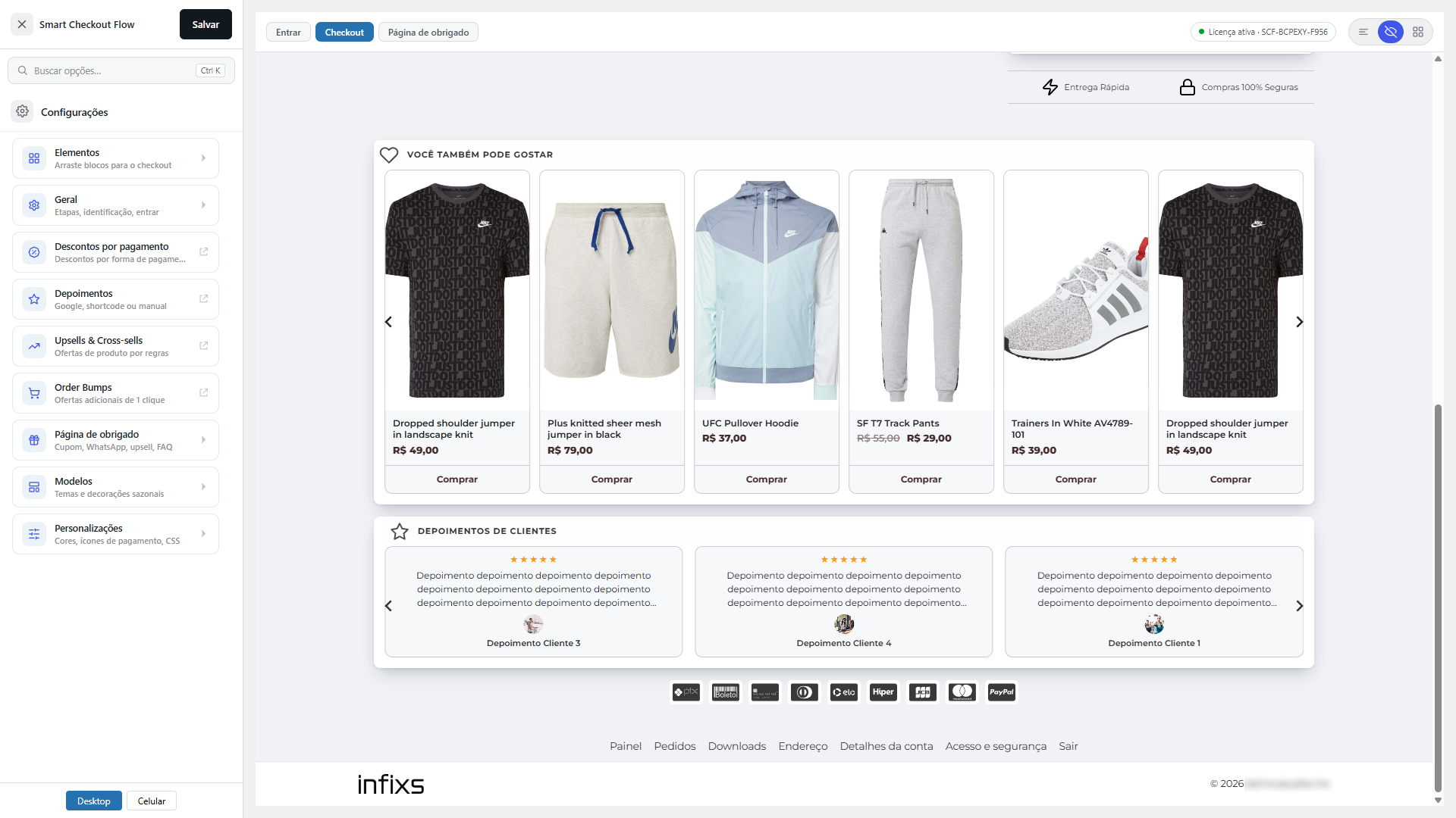 Smart Checkout Flow — painel administrativo com editor visual