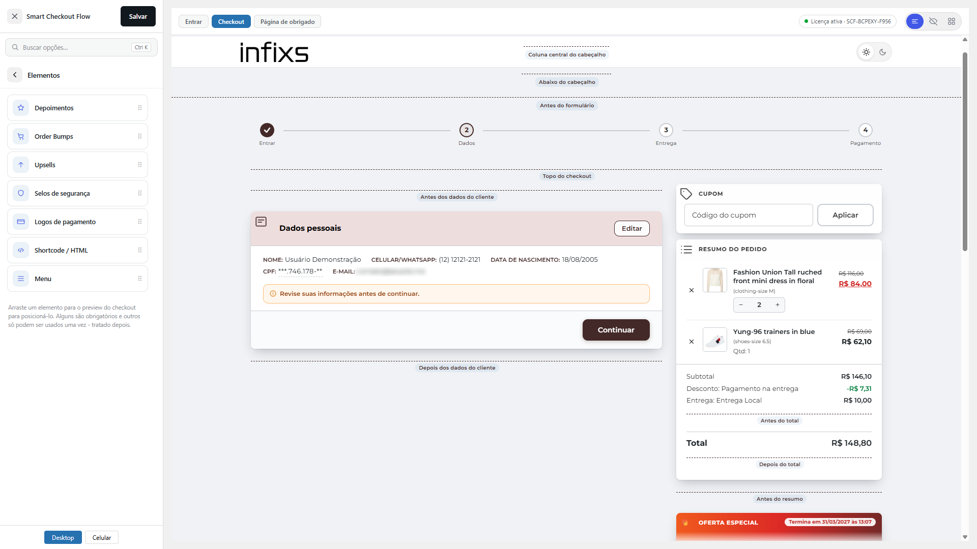Smart Checkout Flow — painel administrativo: configurações do fluxo
