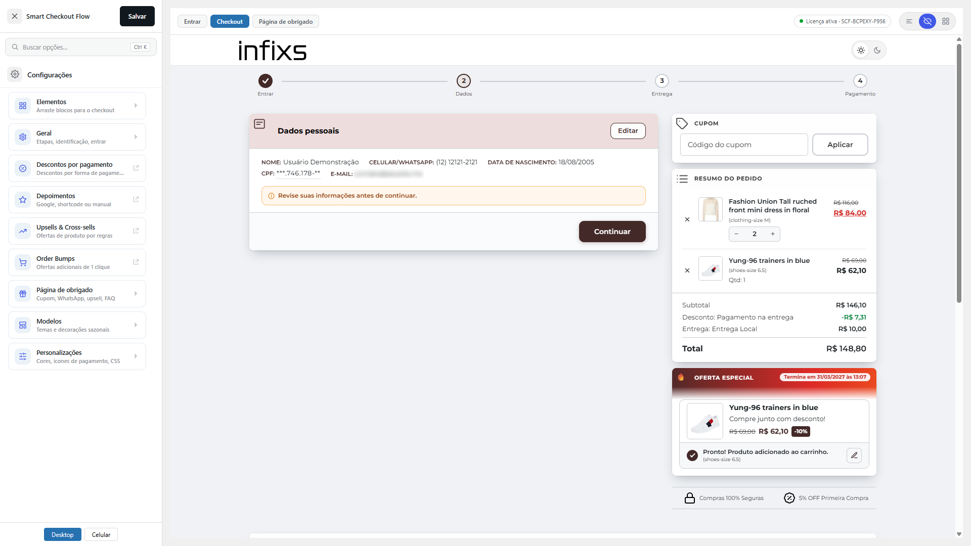Smart Checkout Flow — painel: elementos, descontos, upsells, order bumps e modelos
