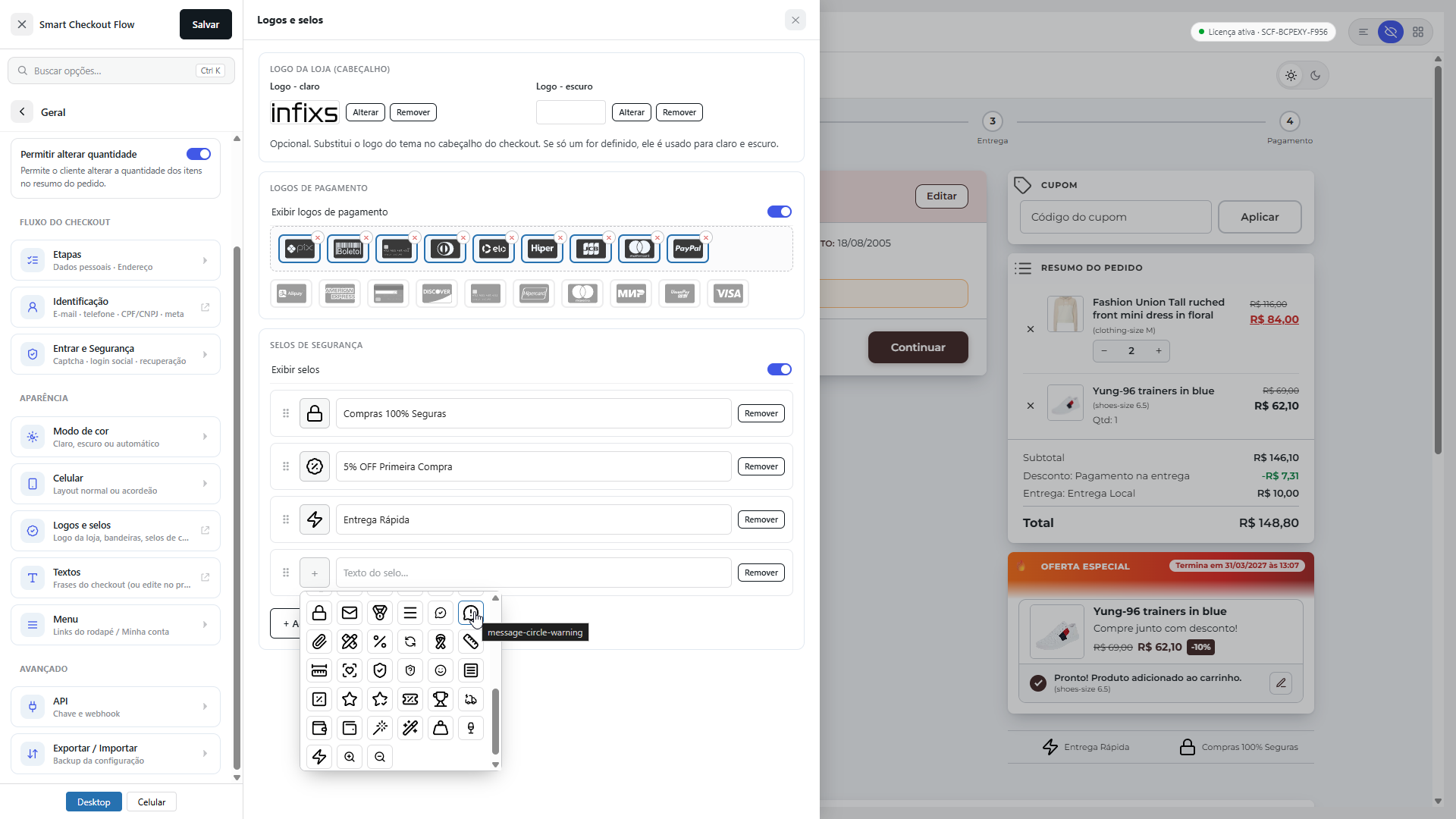 Smart Checkout Flow — configuração de selos de confiança