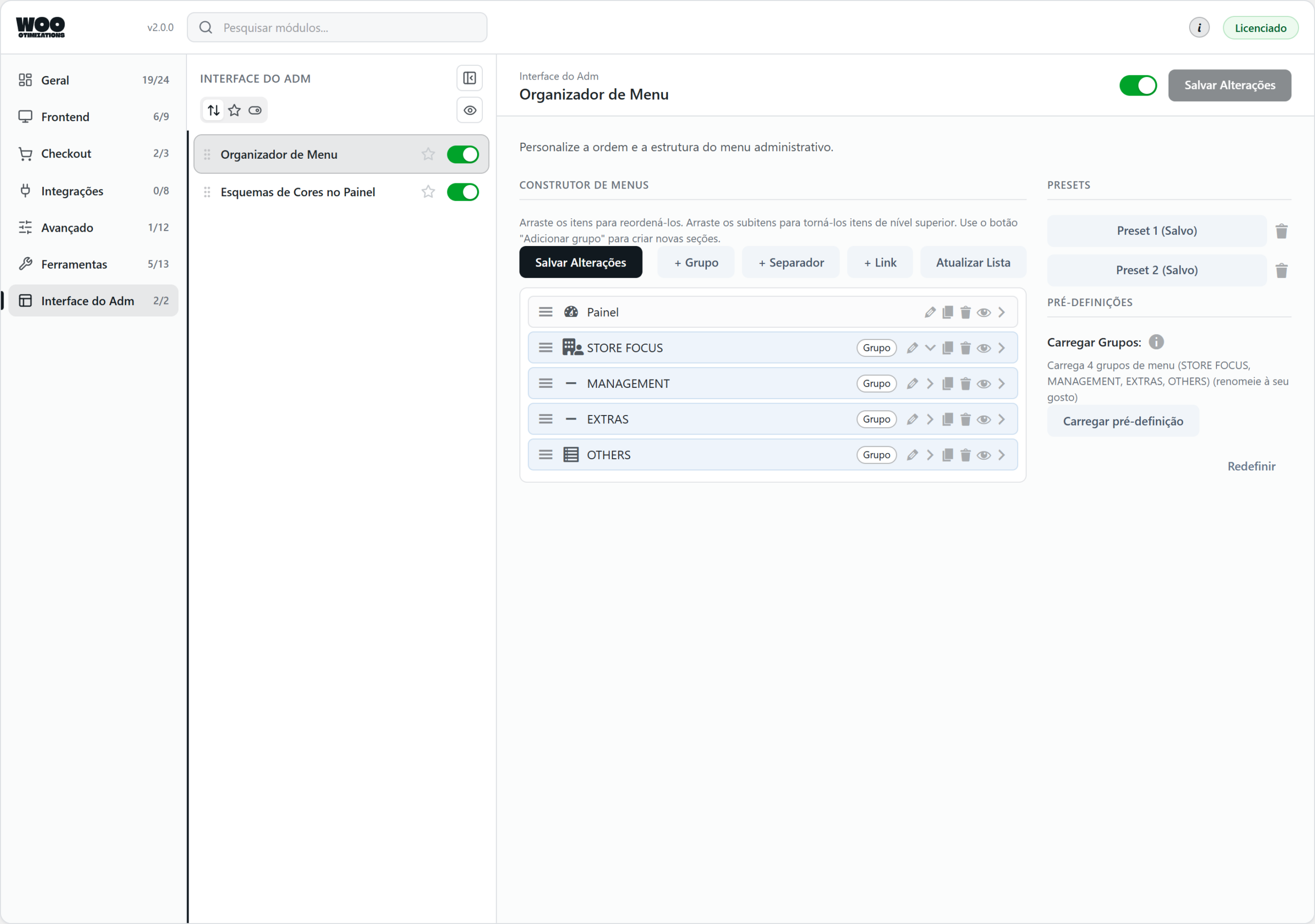 Woo Otimizations — admin menu organizer