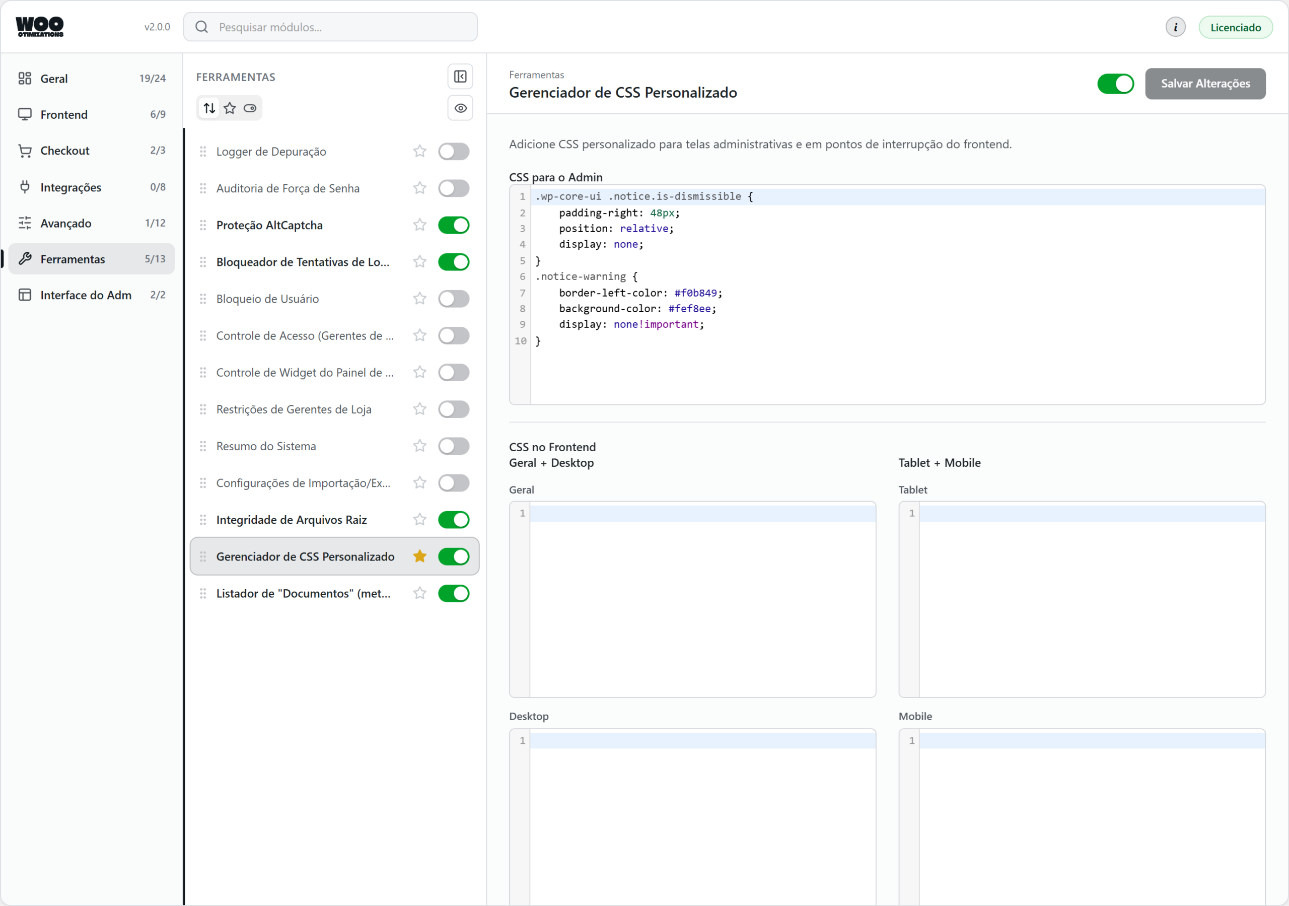 Woo Otimizations — custom css manager