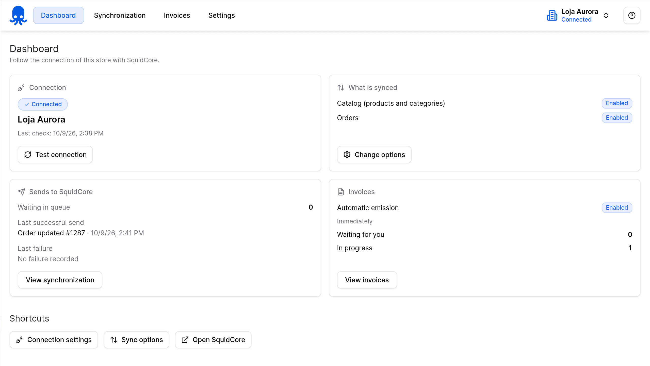 SquidCore plugin dashboard in WordPress showing the connection, sync options, recent sync activity and invoices