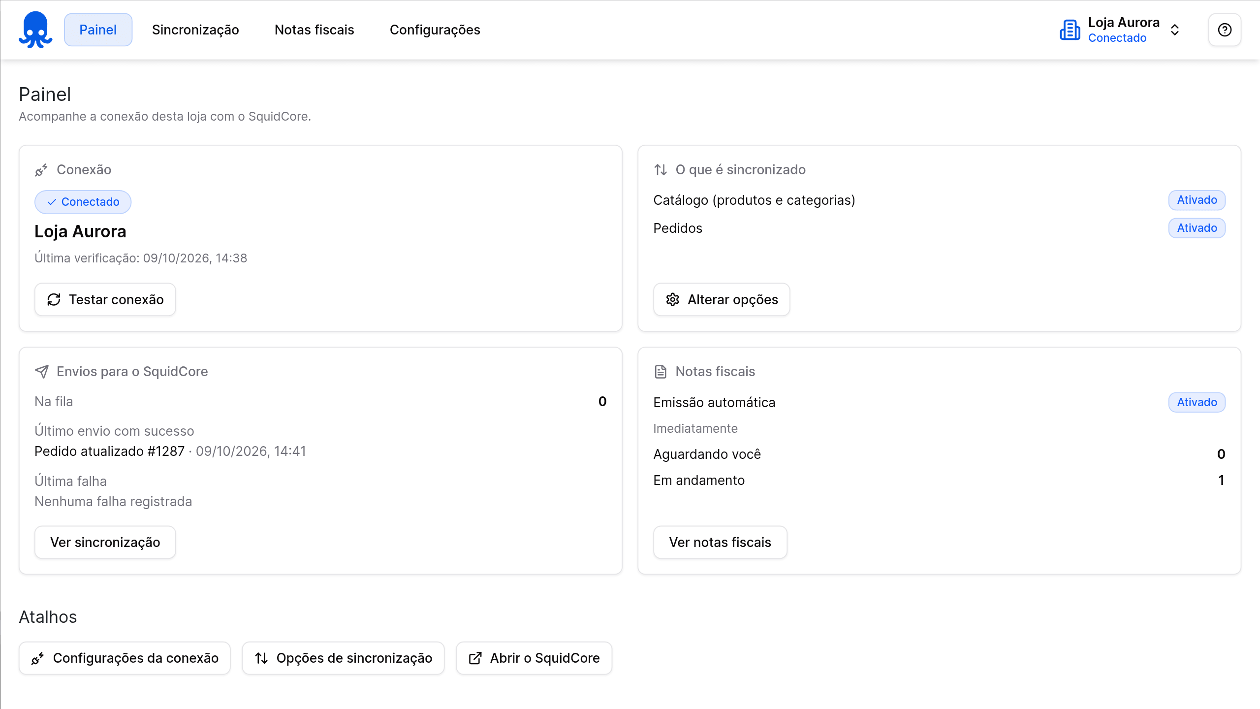 Painel do plugin SquidCore no WordPress com a conexão, o que é sincronizado, os envios e as notas fiscais