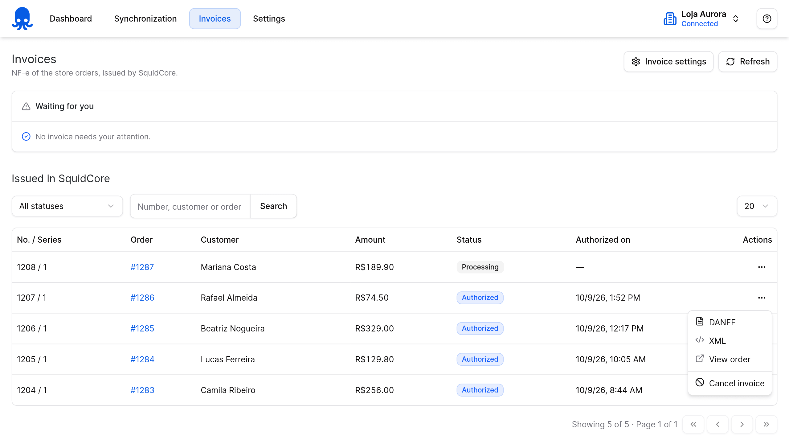 SquidCore plugin Invoices page listing order NF-e with DANFE, XML and cancel actions