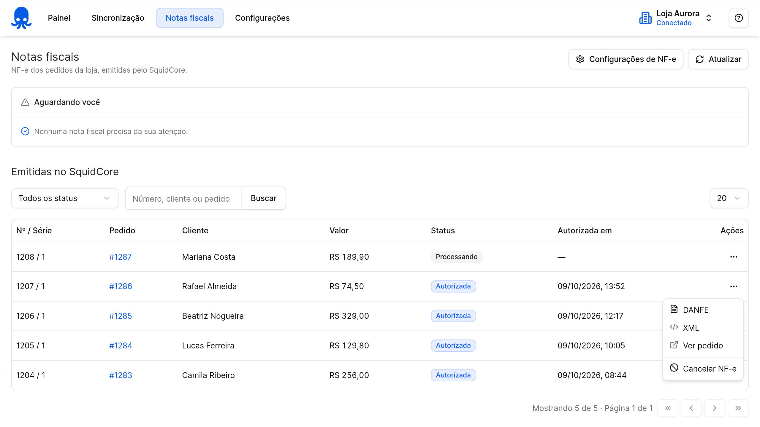 Página Notas fiscais do plugin SquidCore com as NF-e dos pedidos e as ações de DANFE, XML e cancelamento