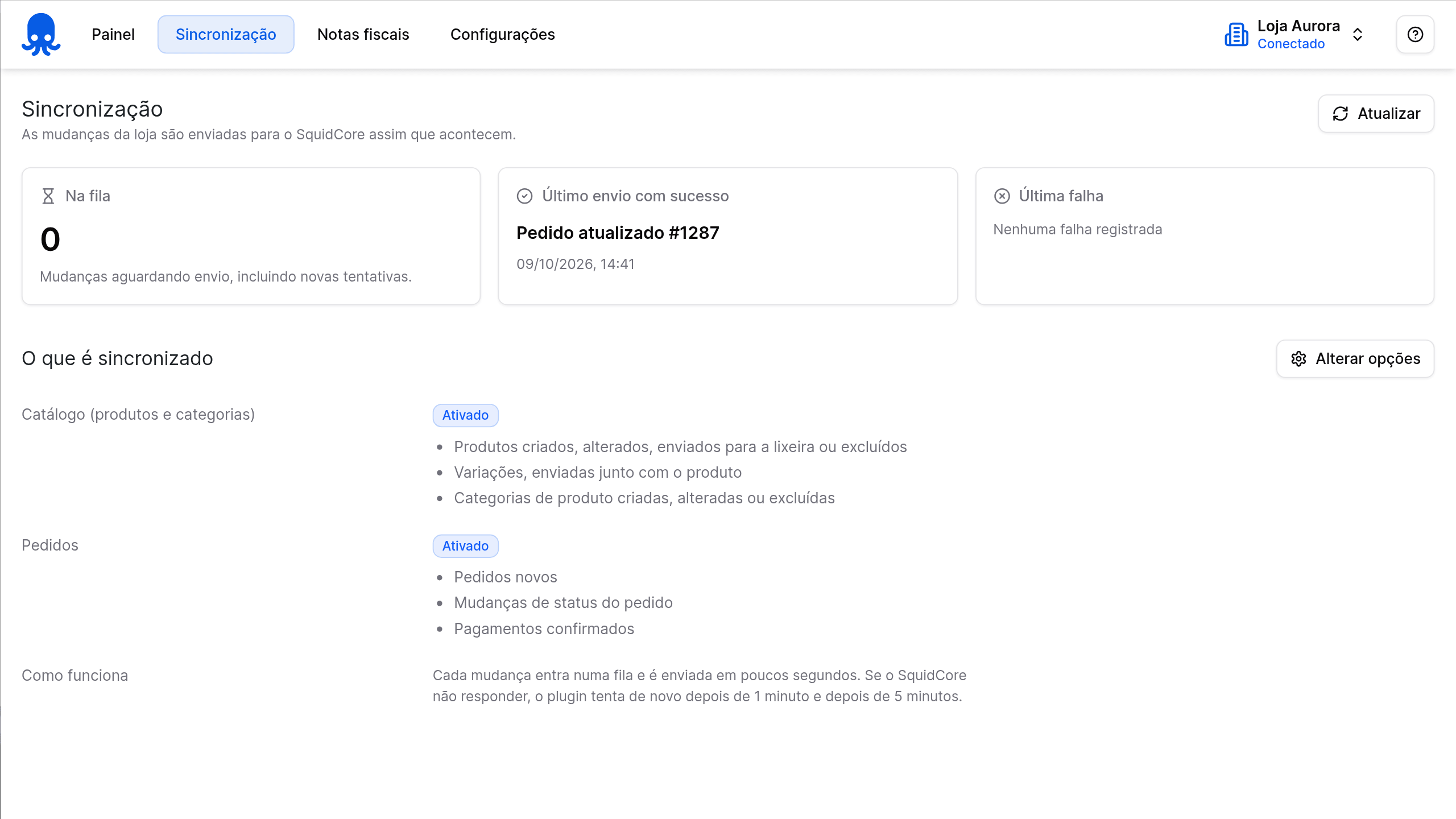 Tela Sincronização do plugin SquidCore com a fila, o último envio e o que é sincronizado