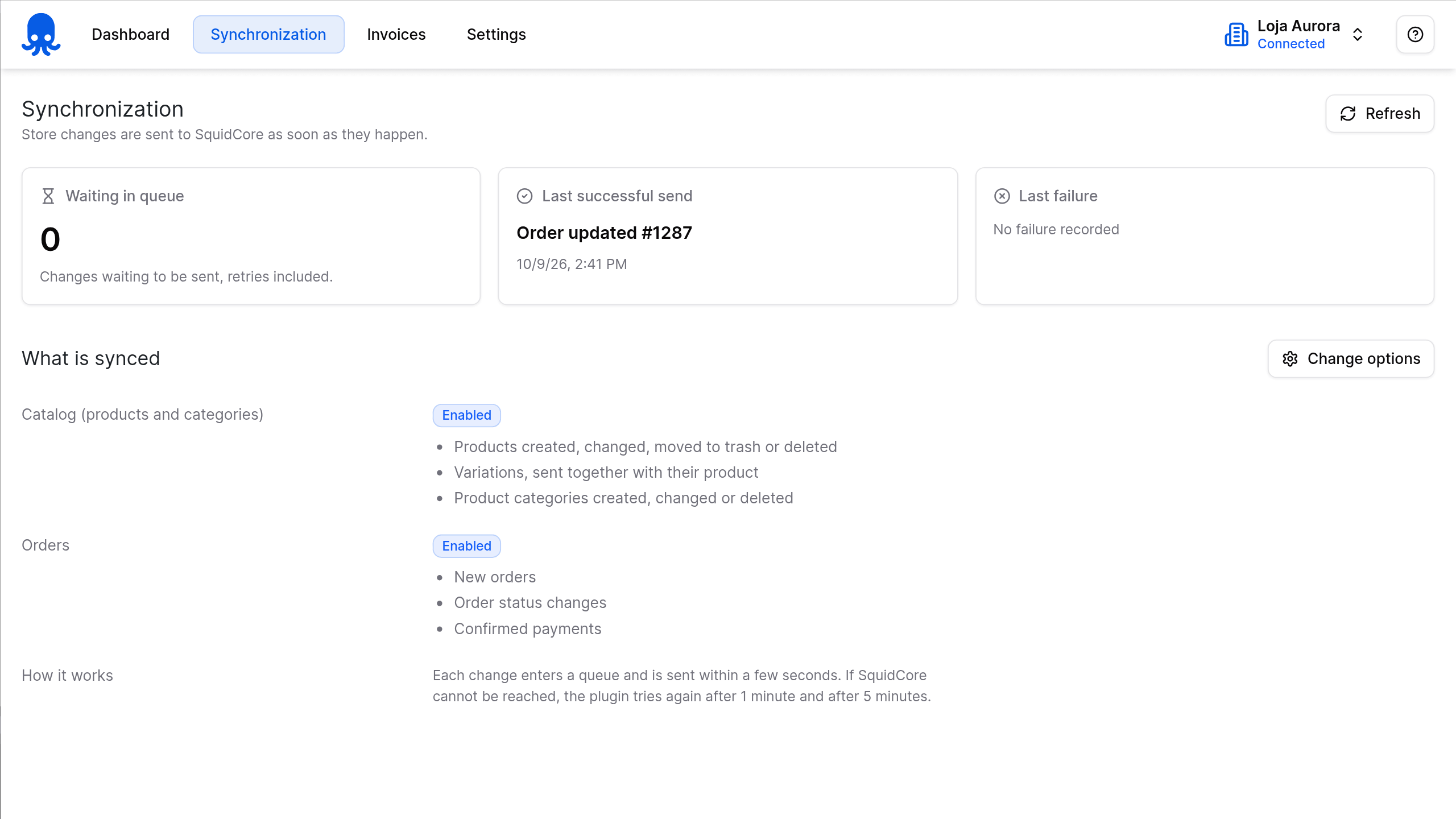 SquidCore plugin Synchronization screen with the queue, the last send and what syncs