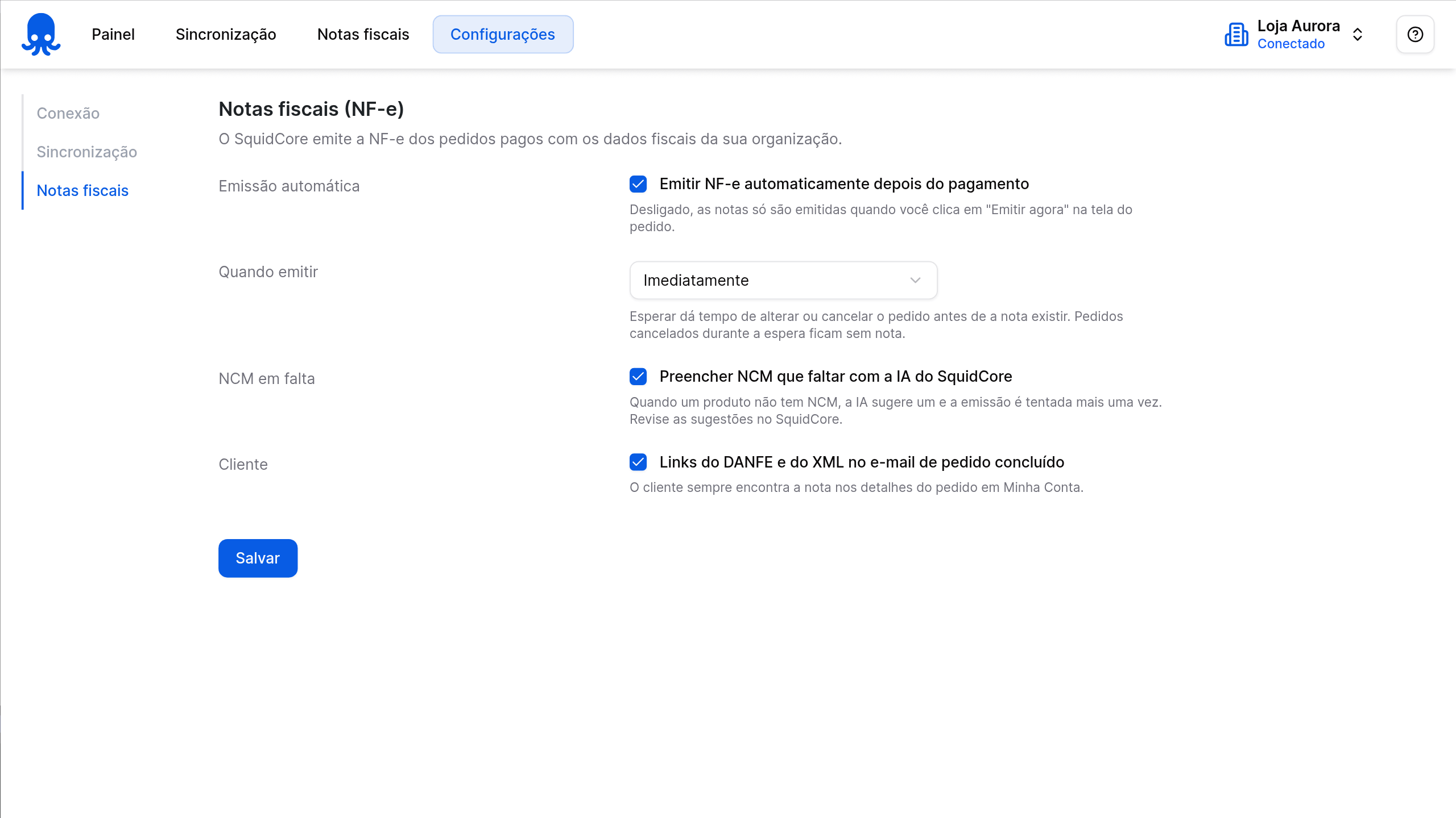 Configurações de NF-e do plugin SquidCore: emissão automática, momento da emissão, NCM com IA e links no e-mail