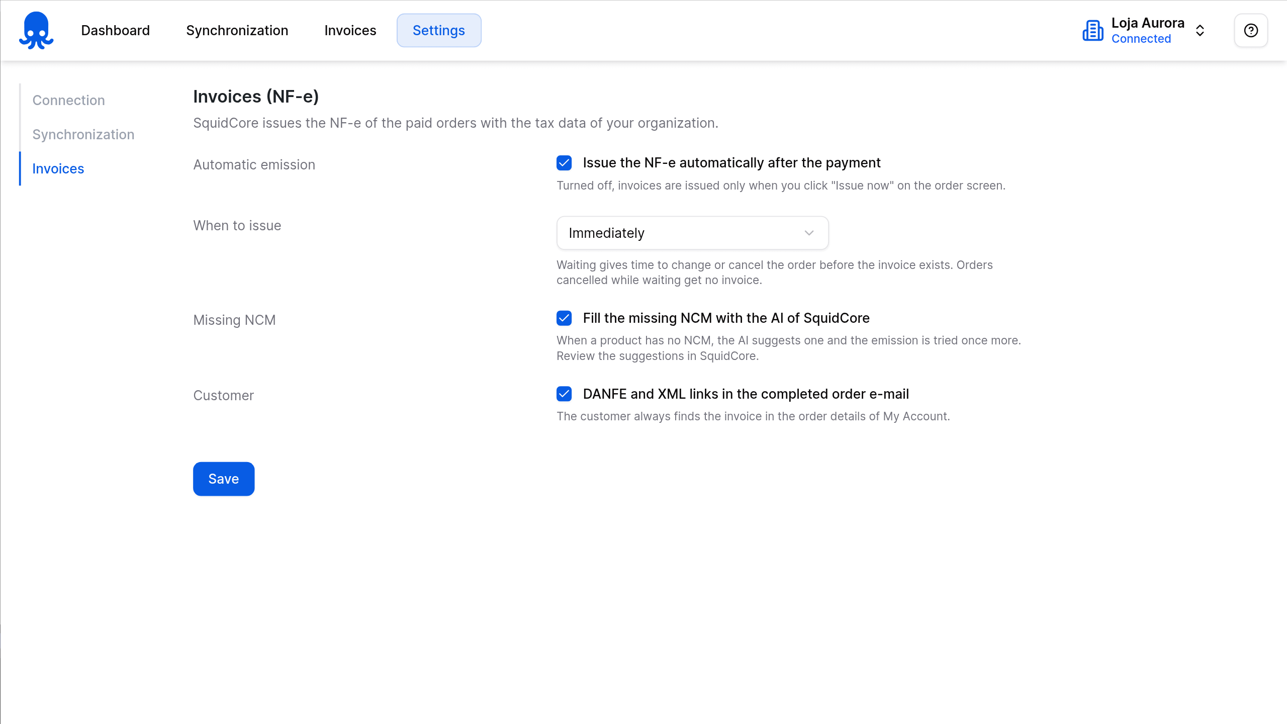 SquidCore plugin invoice settings: automatic issuing, timing, AI-filled NCM and email links