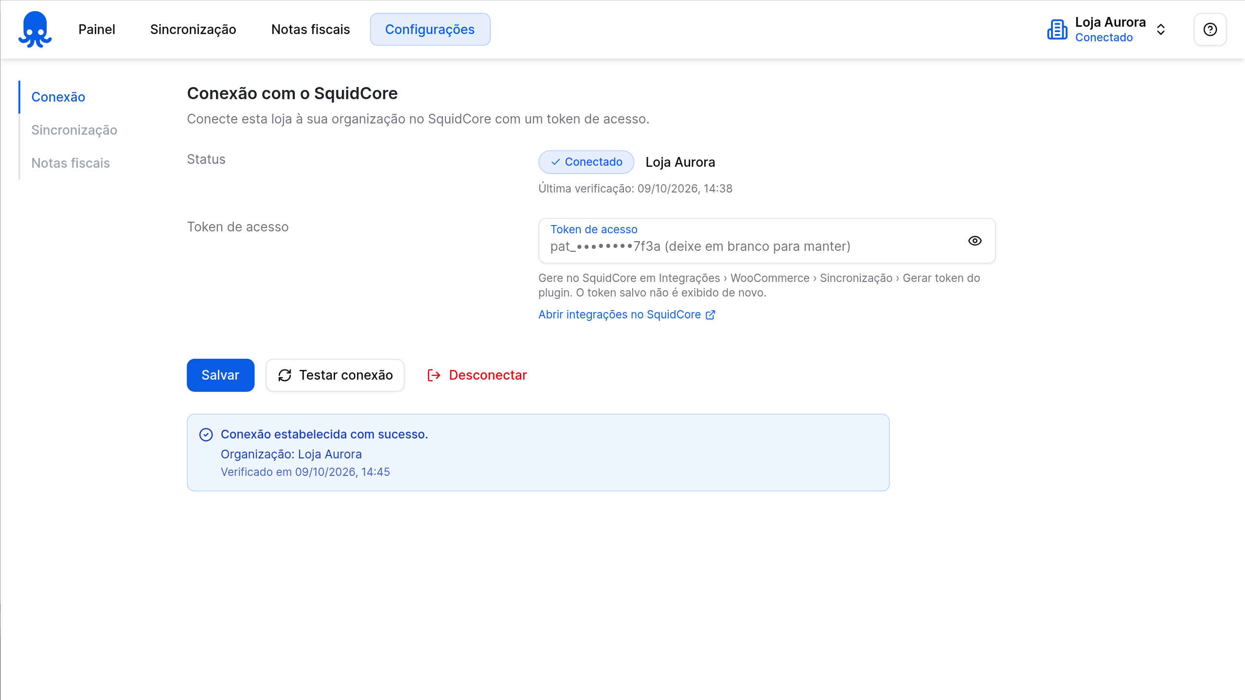 Conexão do plugin SquidCore com o status Conectado e o token de acesso mascarado