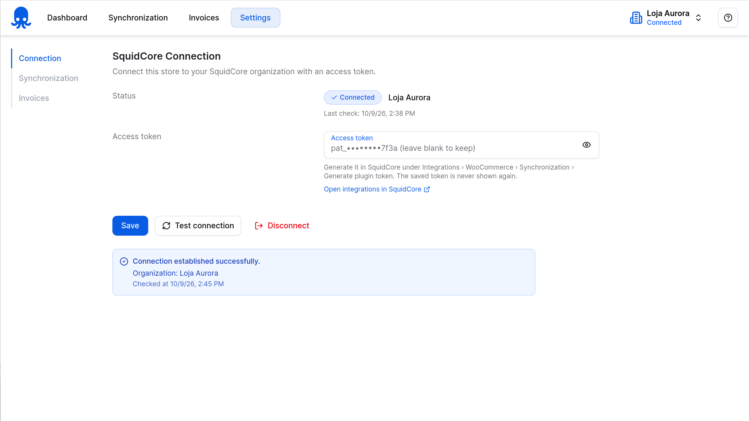 SquidCore plugin connection settings showing Connected status and the masked access token