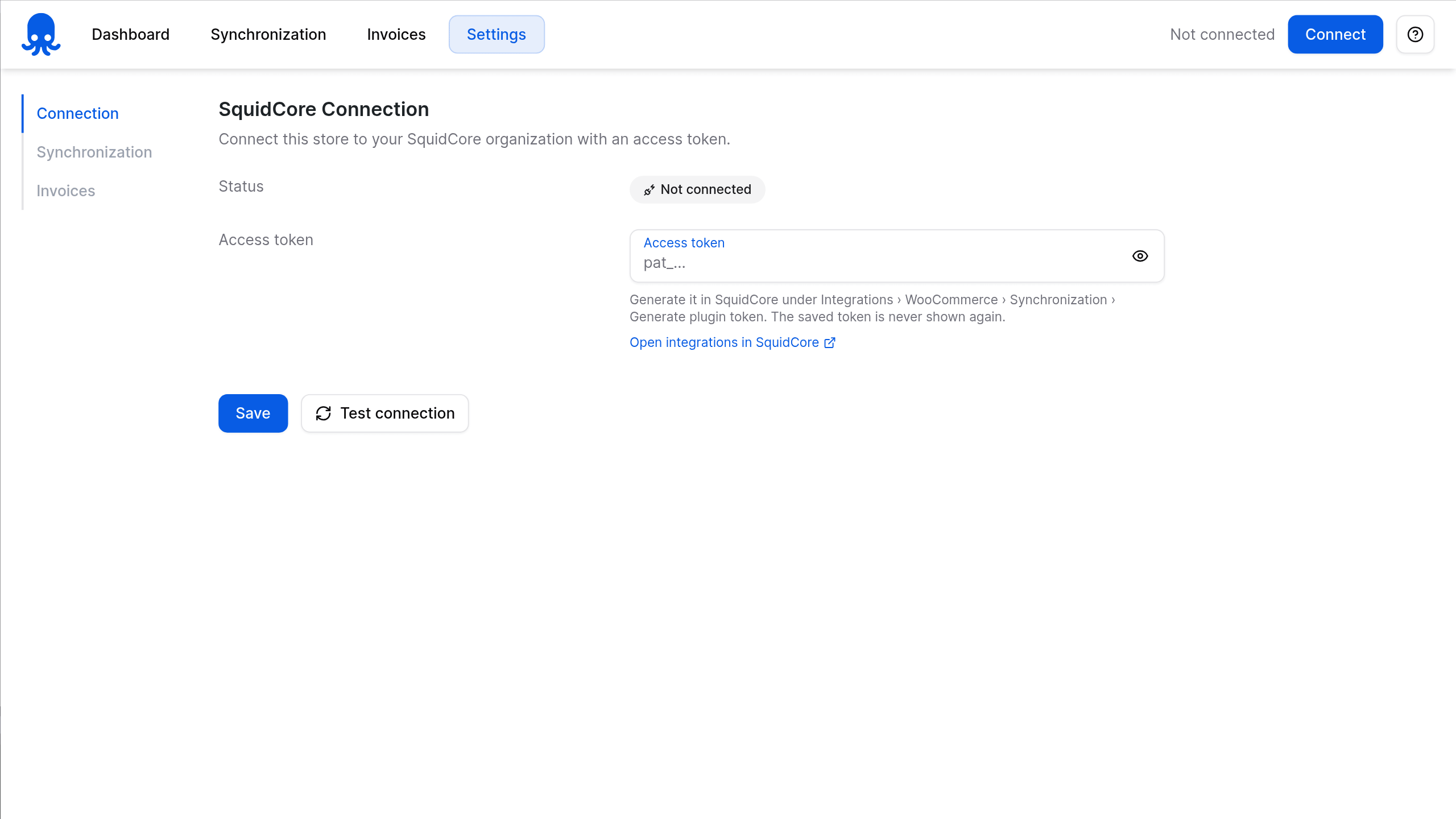 SquidCore plugin first connection screen with the field to paste the SquidCore token
