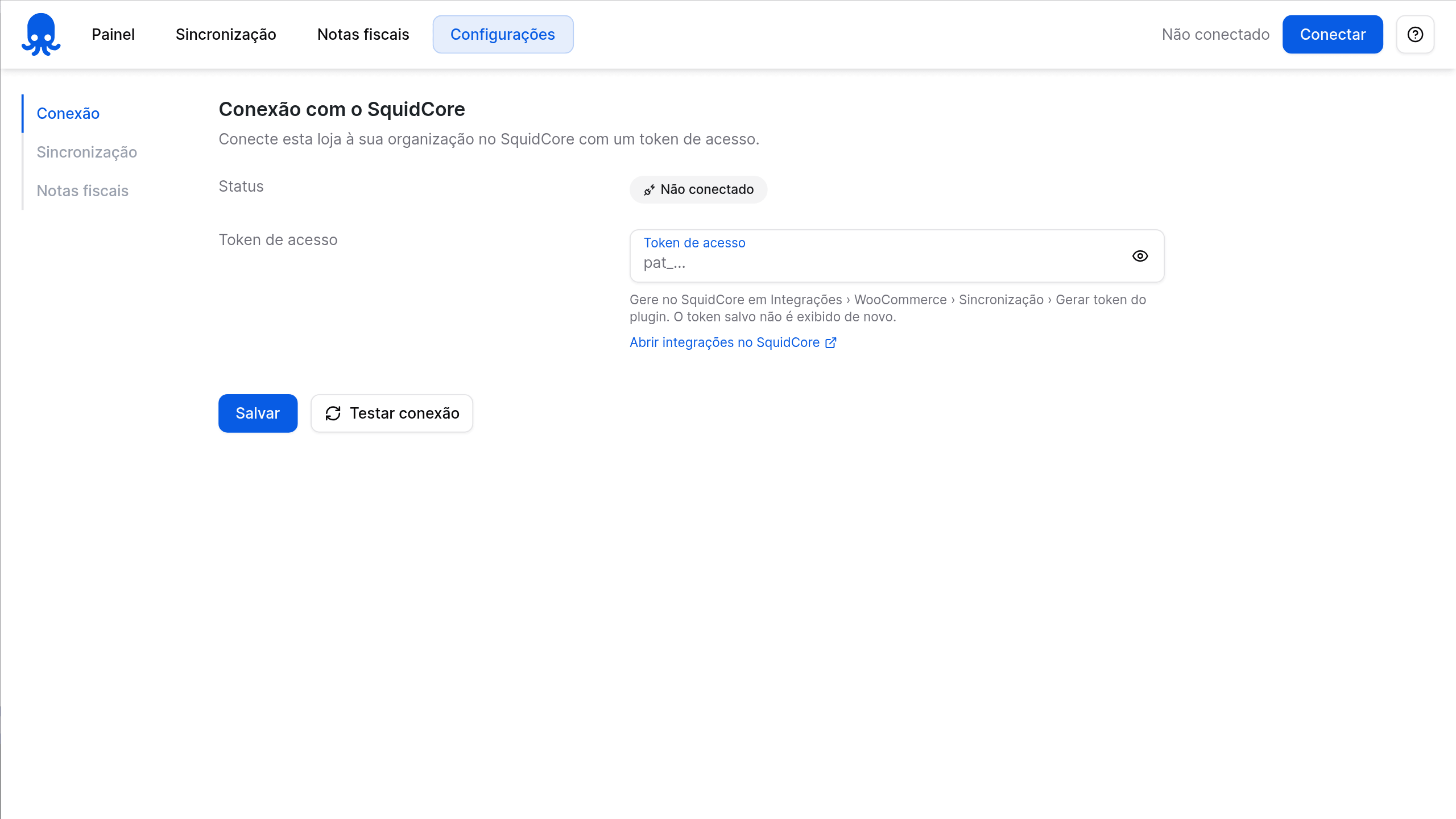 Primeira conexão do plugin SquidCore: campo para colar o token gerado no SquidCore